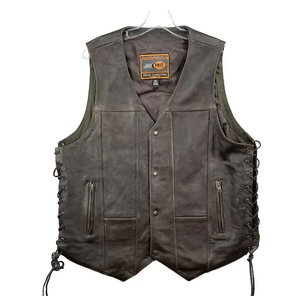 First Classics Leather Vest Men's XL Brown Moto Biker USA Y2K Grunge Western 90s - Picture 2 of 9